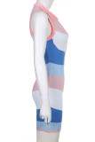 Blue Casual Print Patchwork Buttons Turndown Collar Skinny Rompers