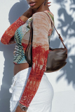 Multicolor Sexy Print Mesh O Neck Tops