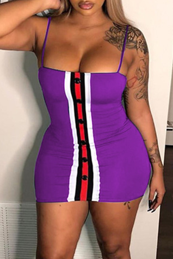 Purple Sexy Patchwork Buckle Spaghetti Strap Pencil Skirt Dresses