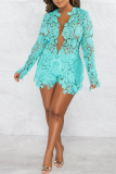 Light Blue Sexy Solid Lace V Neck Long Sleeve Two Pieces