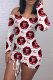 Red Sexy Lips Printed Patchwork Off the Shoulder Pencil Skirt Dresses