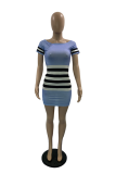 Sky Blue Sexy Striped Patchwork O Neck Pencil Skirt Dresses