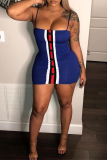 Deep Blue Sexy Patchwork Buckle Spaghetti Strap Pencil Skirt Dresses