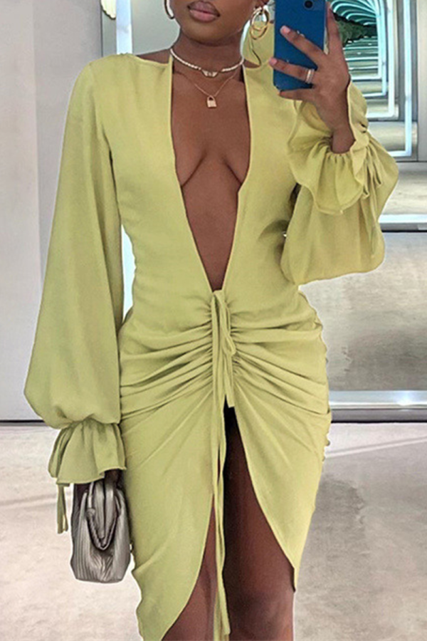 Yellow Sexy Solid Patchwork V Neck Irregular Dress Dresses