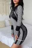 Black Sexy Print Patchwork O Neck Pencil Skirt Dresses