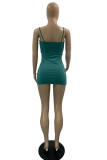 Deep Blue Sexy Patchwork Buckle Spaghetti Strap Pencil Skirt Dresses