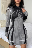 Black Sexy Print Patchwork O Neck Pencil Skirt Dresses