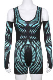Blue Sexy Print Patchwork V Neck Skinny Rompers