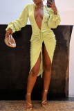 Yellow Sexy Solid Patchwork V Neck Irregular Dress Dresses