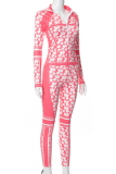 Pink Sexy Print Patchwork Turndown Collar Long Sleeve Two Pieces