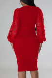 Red Sexy Solid Patchwork V Neck One Step Skirt Dresses