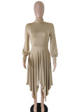 Red Casual Solid Patchwork Asymmetrical Half A Turtleneck A Line Dresses