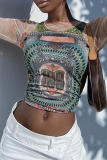 Multicolor Sexy Print Mesh O Neck Tops
