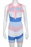 Blue Casual Print Patchwork Buttons Turndown Collar Skinny Rompers