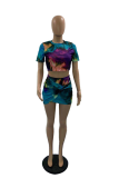 Green Sexy Patchwork Tie-dye O Neck Short Sleeve Two Pieces