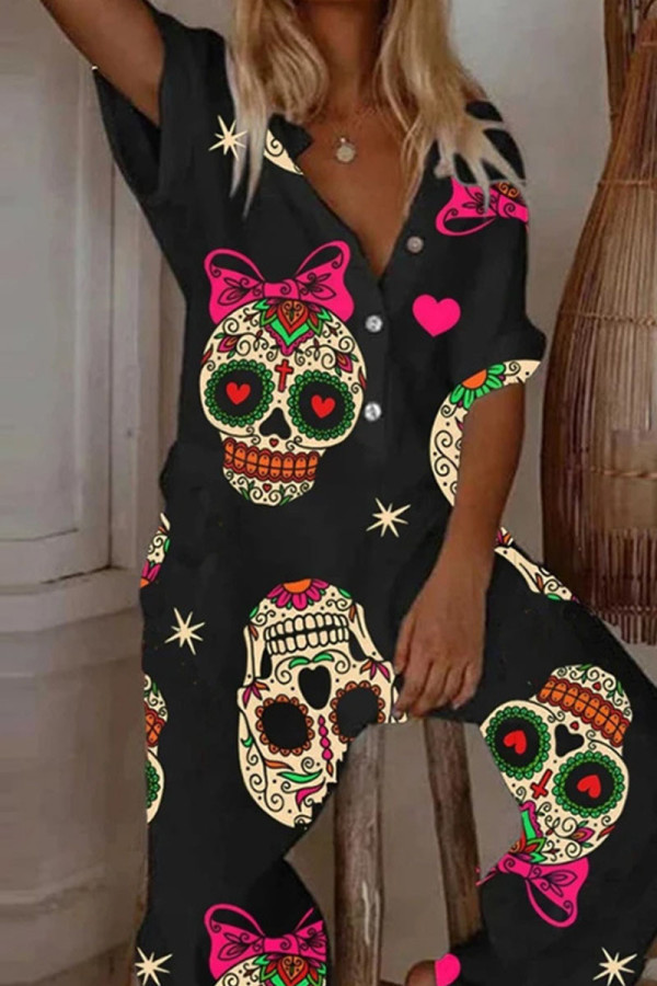 Black Street Print Patchwork Buckle Straight Jumpsuits