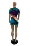 Green Sexy Patchwork Tie-dye O Neck Short Sleeve Two Pieces