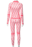 Pink Sexy Print Patchwork Turndown Collar Long Sleeve Two Pieces