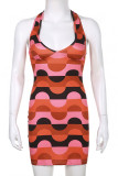 Red Sexy Print Patchwork Halter Pencil Skirt Dresses