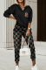 Black Casual Print Patchwork Hooded Collar Long Sleeve Two Pieces
