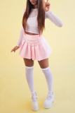 Pink Casual Solid Fold Regular High Waist Type A Solid Color Bottoms