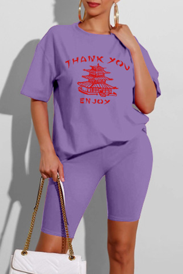 Purple Casual Print Patchwork O Neck Short Sleeve Two Pieces