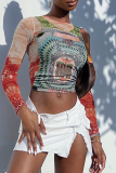 Multicolor Sexy Print Mesh O Neck Tops
