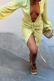 Yellow Sexy Solid Patchwork V Neck Irregular Dress Dresses