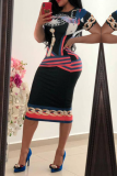 Pink Sexy Print Patchwork O Neck Pencil Skirt Dresses