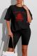 Black Casual Print Patchwork O Neck Short Sleeve Two Pieces