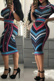 Pink Sexy Print Patchwork O Neck Pencil Skirt Dresses