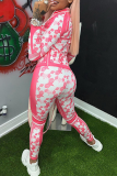 Pink Sexy Print Patchwork Turndown Collar Long Sleeve Two Pieces