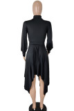 Red Casual Solid Patchwork Asymmetrical Half A Turtleneck A Line Dresses