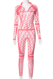 Pink Sexy Print Patchwork Turndown Collar Long Sleeve Two Pieces