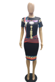 Pink Sexy Print Patchwork O Neck Pencil Skirt Dresses