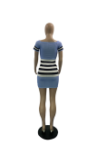 Sky Blue Sexy Striped Patchwork O Neck Pencil Skirt Dresses