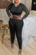 Black Casual Solid Patchwork O Neck Two Pieces