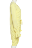 Yellow Sexy Solid Patchwork V Neck Irregular Dress Dresses