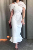 White Elegant Solid Patchwork Asymmetrical Collar Trumpet Mermaid Dresses