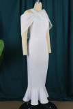 White Elegant Solid Patchwork Asymmetrical Collar Trumpet Mermaid Dresses