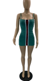 Deep Blue Sexy Patchwork Buckle Spaghetti Strap Pencil Skirt Dresses