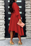 Red Casual Solid Patchwork Asymmetrical Half A Turtleneck A Line Dresses