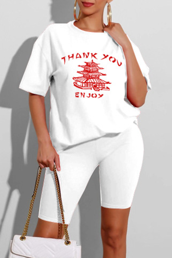 White Casual Print Patchwork O Neck Short Sleeve Two Pieces