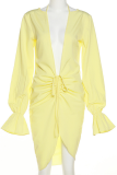 Yellow Sexy Solid Patchwork V Neck Irregular Dress Dresses