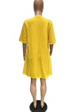 Yellow Casual Solid Patchwork O Neck Straight Dresses