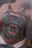 Multicolor Sexy Print Mesh O Neck Tops