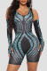 Blue Sexy Print Patchwork V Neck Skinny Rompers