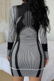 Black Sexy Print Patchwork O Neck Pencil Skirt Dresses