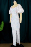 White Elegant Solid Sequins Patchwork Slit Square Collar Evening Dress Dresses
