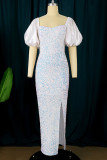 White Elegant Solid Sequins Patchwork Slit Square Collar Evening Dress Dresses
